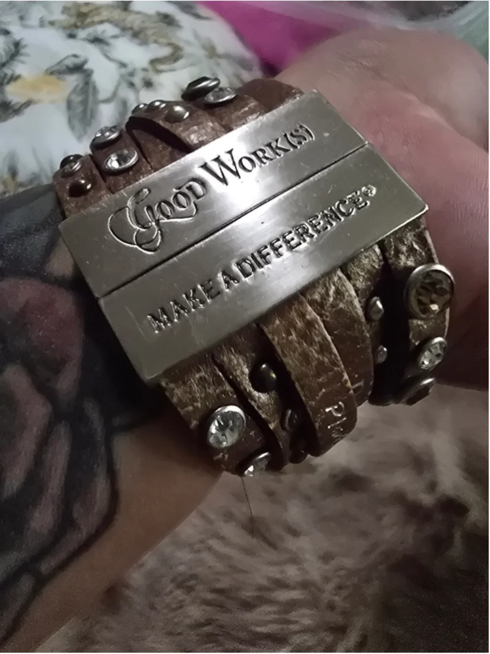 Vintage 2000's Good Works Leather Wrap Bracelet Brown Silver Rhinestone Boho